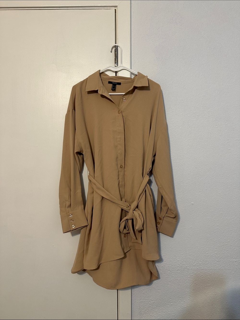 Forever 21 Tan Button-Front Shirt Dress with Tie Waist